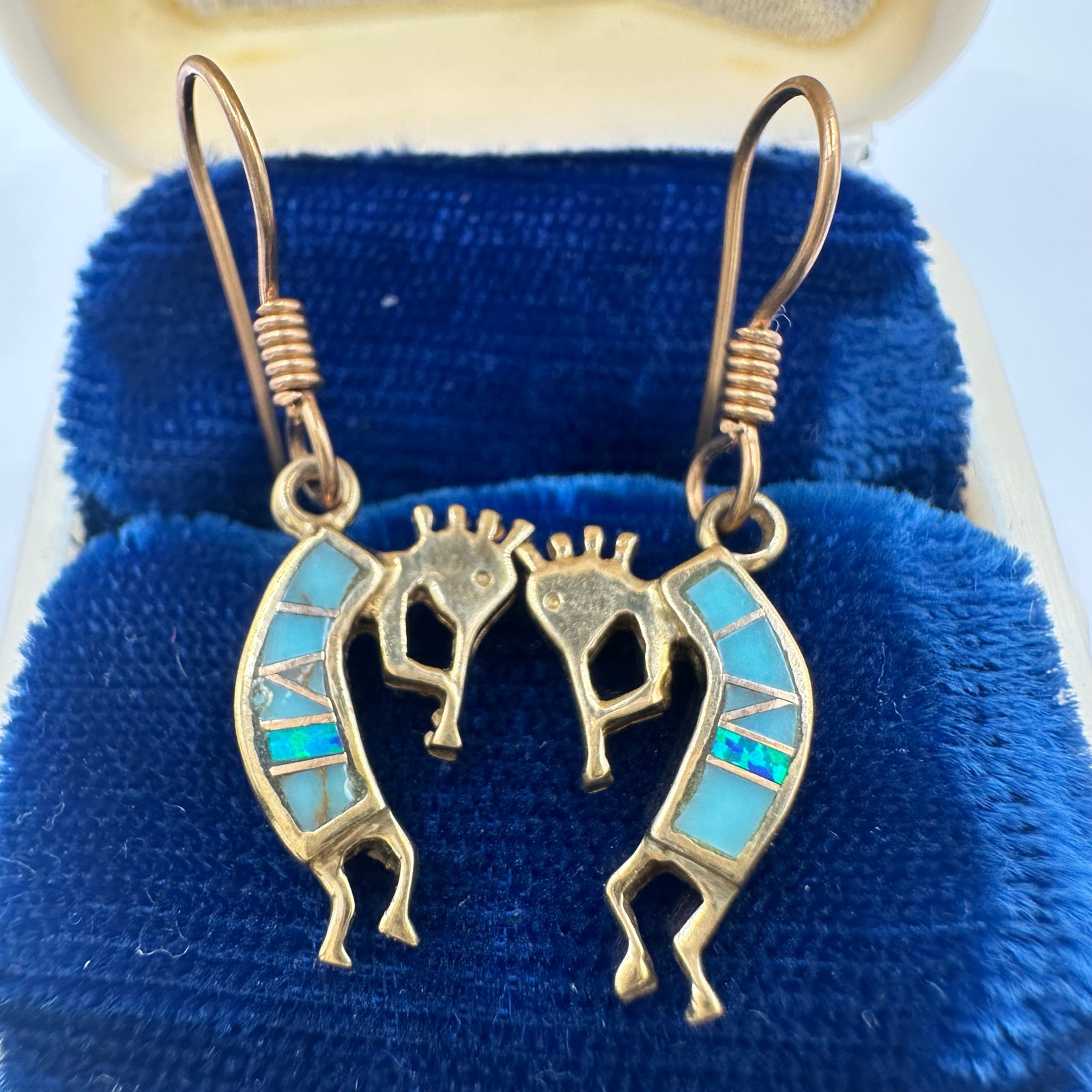 Native American Bronze Gold Tone Fire Opal Turquoise Inlay Kokopelli Earrings 55$